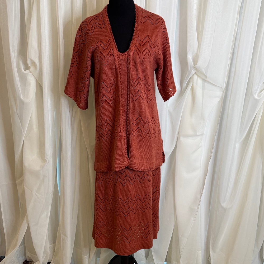 Elegant Handmade Italian Rust Knit Dress Set, 2-piece